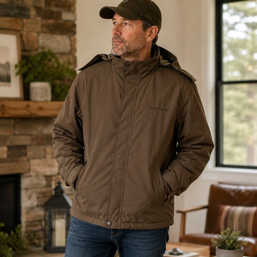 Timberland Weathergear Mens Small Brown Hooded Jacket Cotton Blend Outdoor